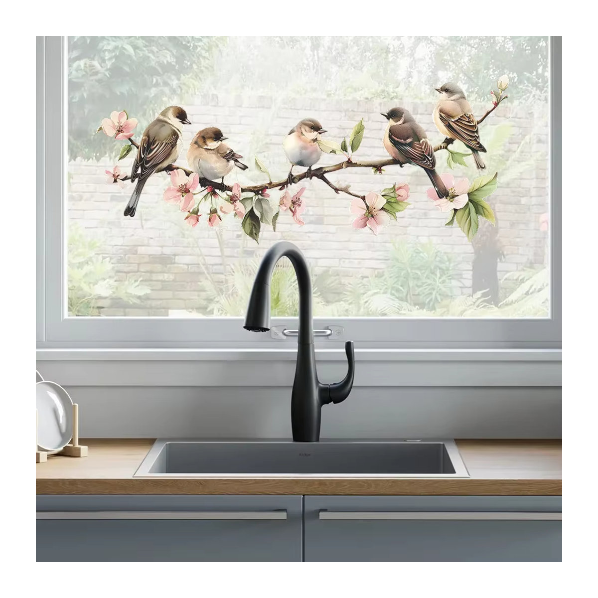 Elektrostatischer UV-Fensteraufkleber mit Blumenzweig und Vogel für Glas und Spiegel zur Dekoration - Bild 2