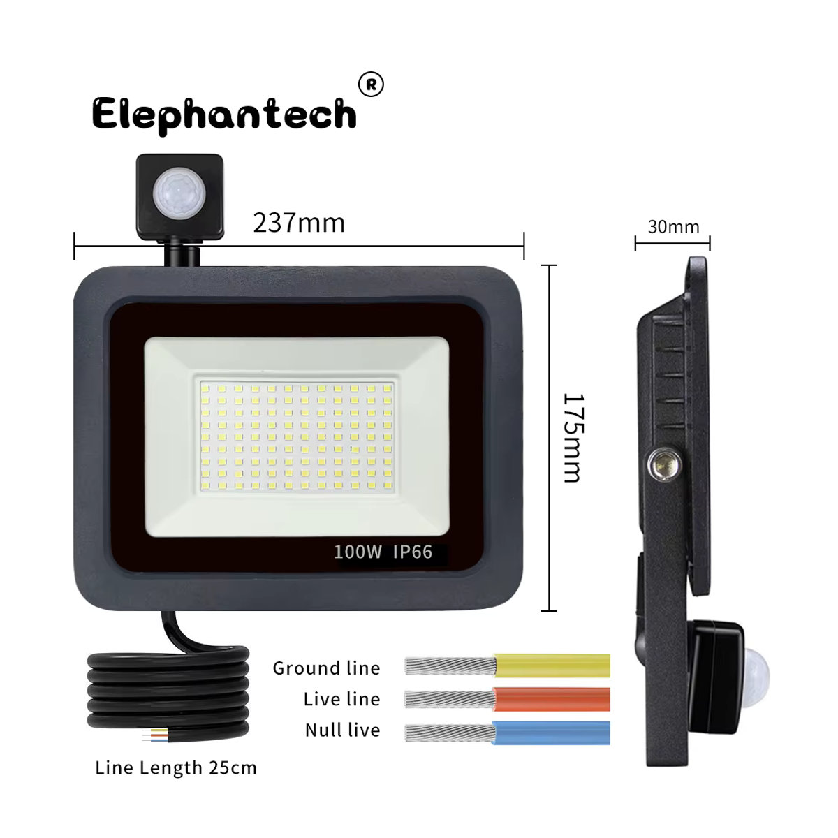 Elephantech LED Außenstrahler mit PIR Bewegungssensor, Schwarz, Aluminium, 100W - Bild 3