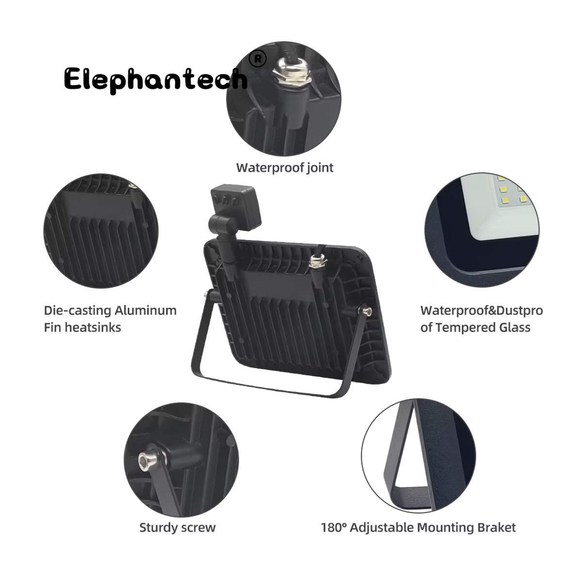 Elephantech LED Außenstrahler mit PIR Bewegungssensor, Schwarz, Aluminium, 100W - Bild 4