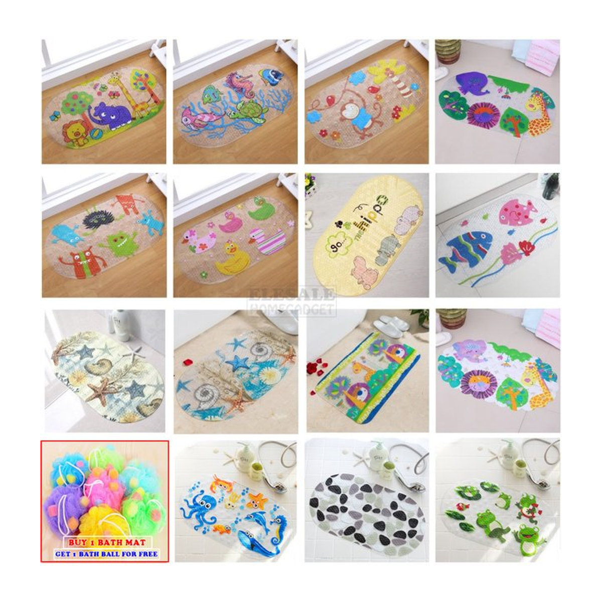 ELESAHOME Anti-Slip Badematte aus PVC mit Cartoon-Print und Saugnäpfen, Mehrfarbig, B: 69 cm, H: 38 cm - Bild 1