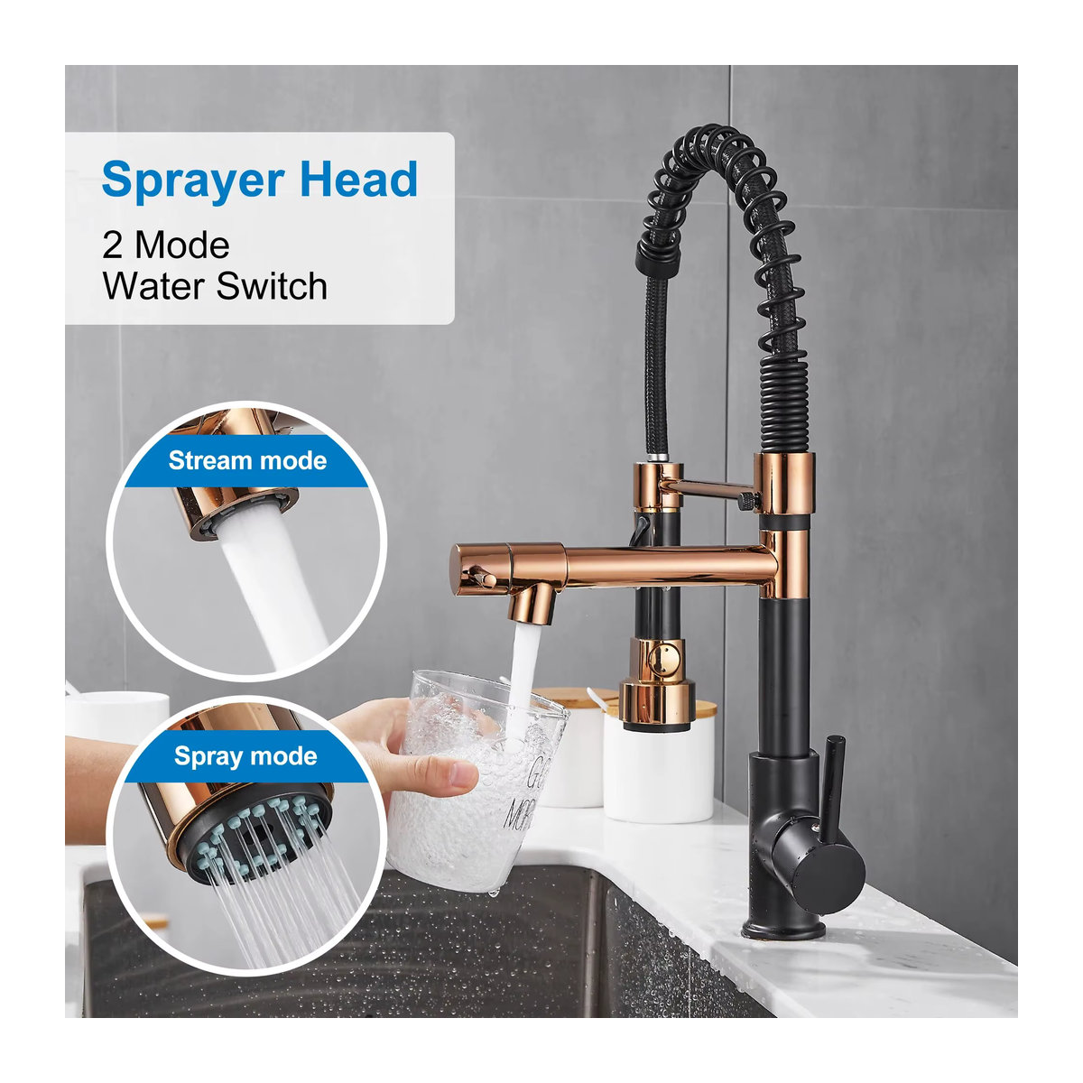 ELLEN HOMEDECOR Küchenarmatur in Schwarz mit herunterziehbarem Sprühgerät und hohem Bogen im Industrial Design aus Metall - Bild 3
