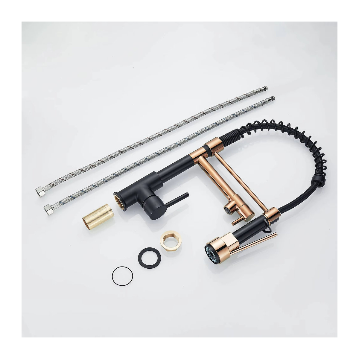 ELLEN HOMEDECOR Küchenarmatur in Schwarz mit herunterziehbarem Sprühgerät und hohem Bogen im Industrial Design aus Metall - Bild 6