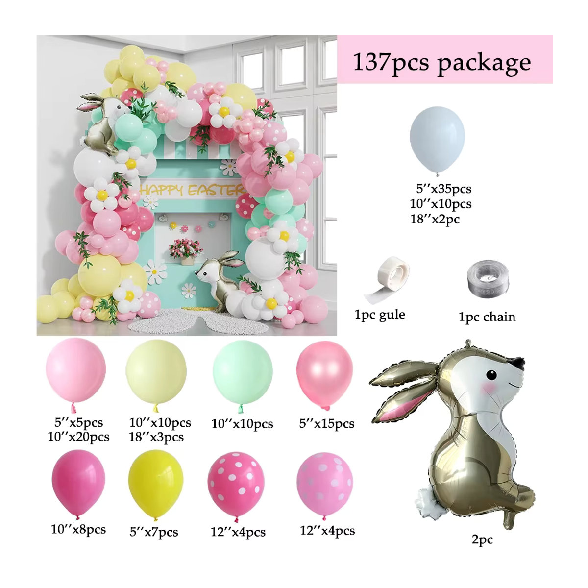 Enanal 137-teiliges Ballon-Girlanden-Set mit Osterhasen und Gänseblümchen in Mehrfarbig für Ostern, Geburtstage oder Babypartys - Bild 2