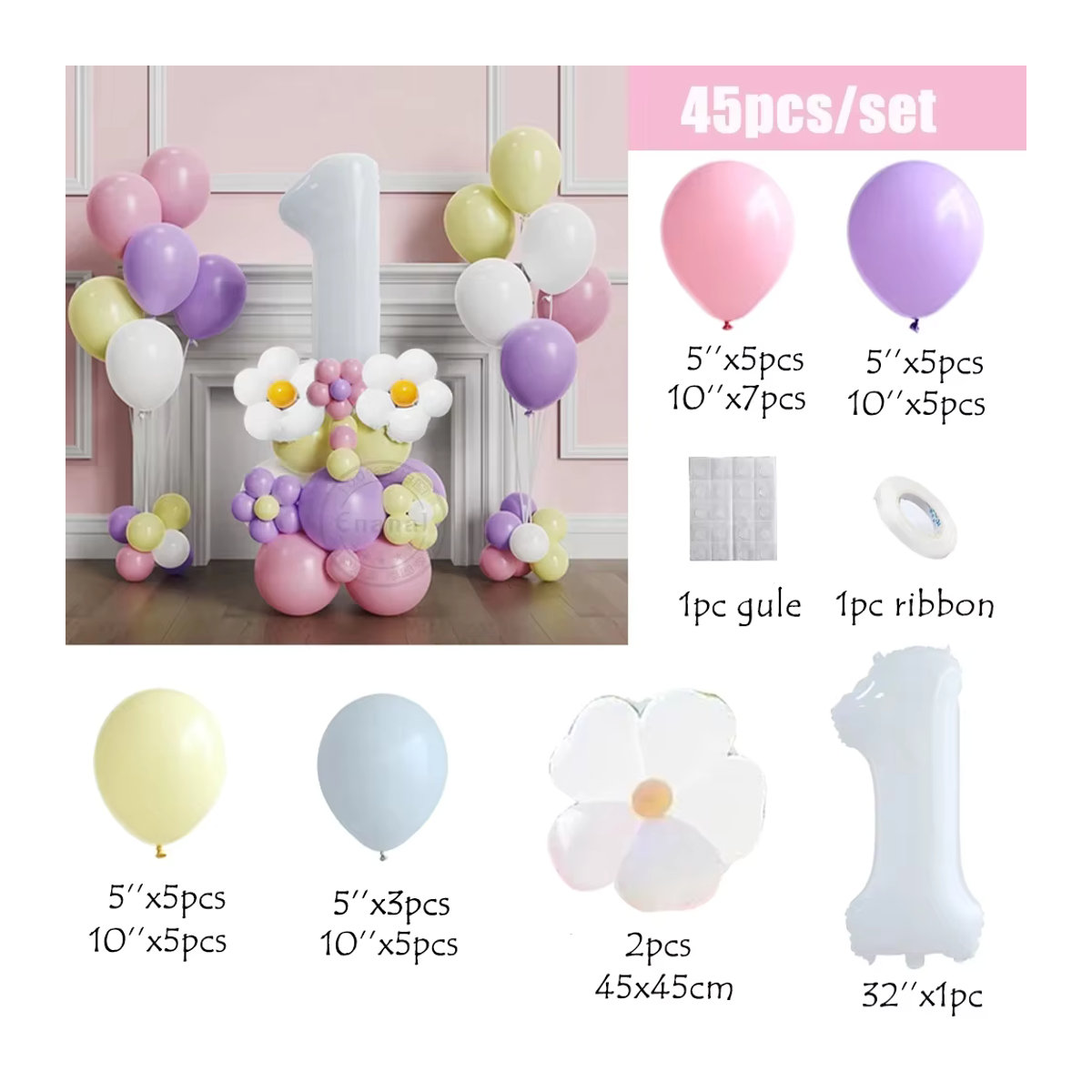 Enanal 45-teiliges Ballon-Set mit Gänseblümchen-Motiv und bunten Zahlenballons für Kindergeburtstage oder Babypartys, mehrfarbig - Bild 2
