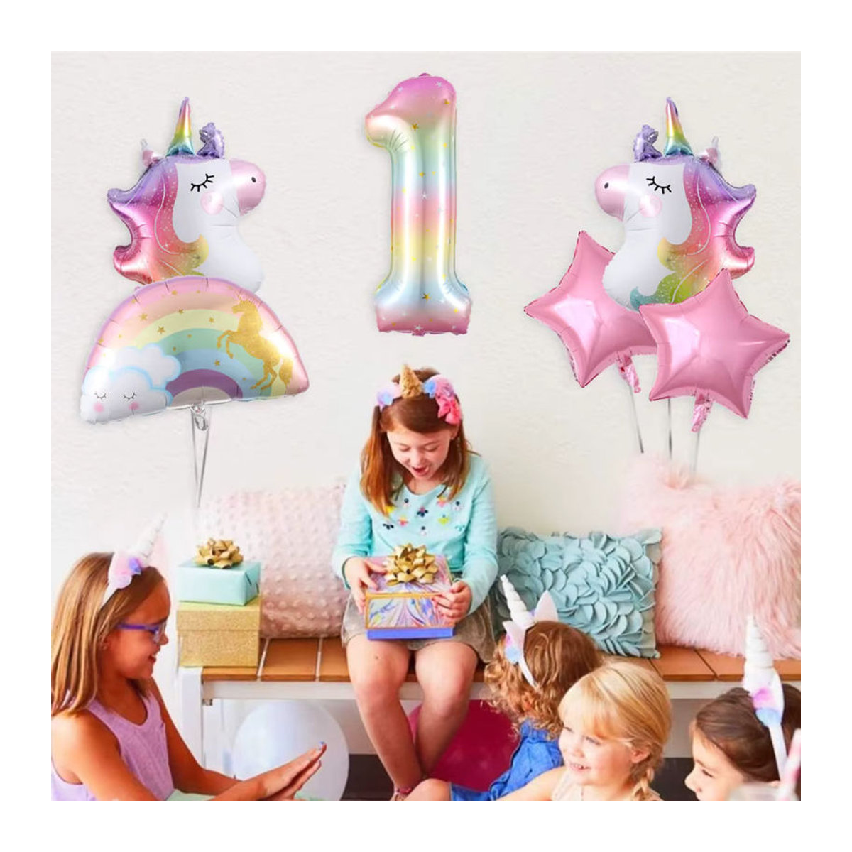 Enanal 7er Set Regenbogen Einhorn Folienballons mit Zahlen für Kindergeburtstag und Babyparty, mehrfarbig, Höhe: 101,6 cm - Bild 3