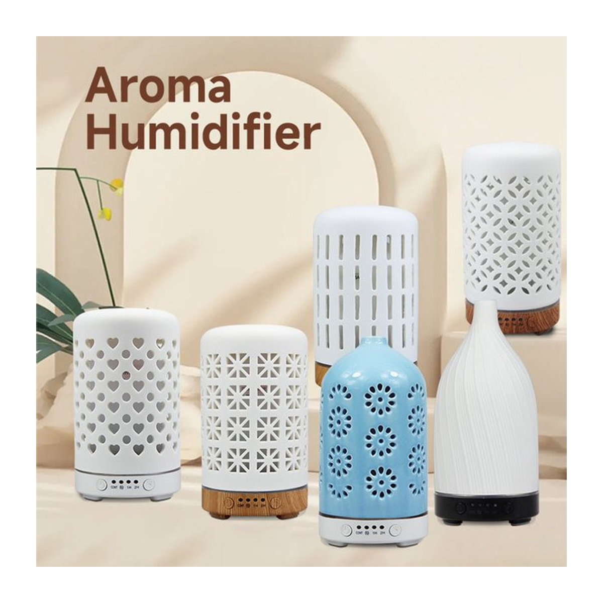 ENGRANVES Keramik-Ultraschall-Luftbefeuchter und Aromadiffusor in Weiß mit Timer und Lichtfunktion für ätherische Öle - Bild 1