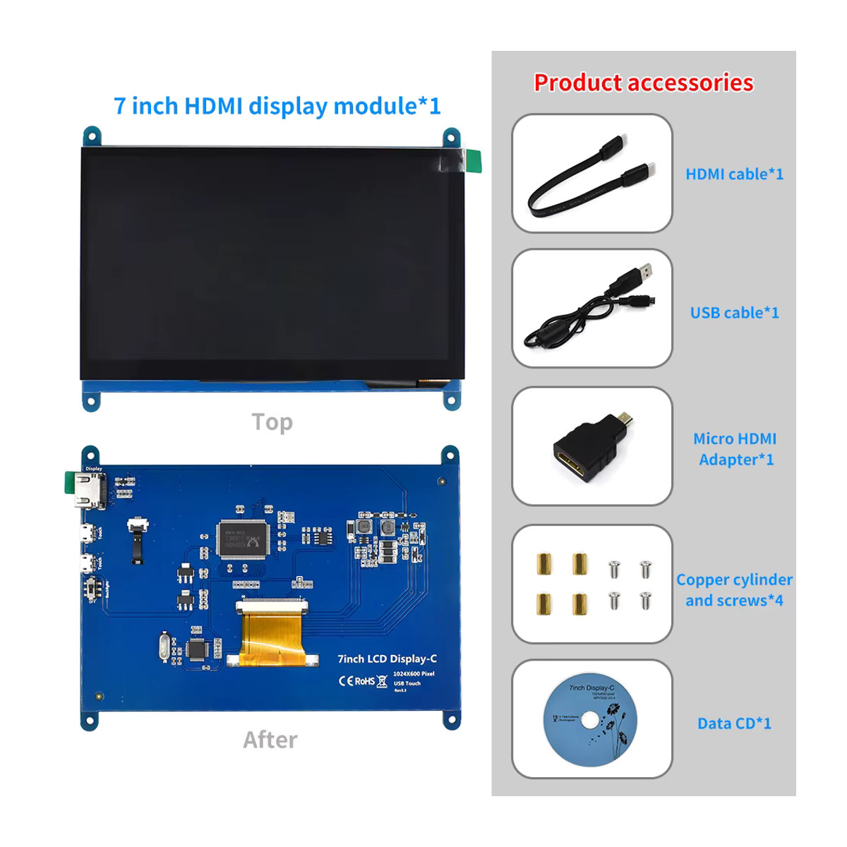 EQV 7 Zoll TFT LCD Modul mit kapazitivem Touchscreen, IPS Display, 1024 x 600 Pixel, Schwarz, für Raspberry Pi 3 B/4B - Bild 5