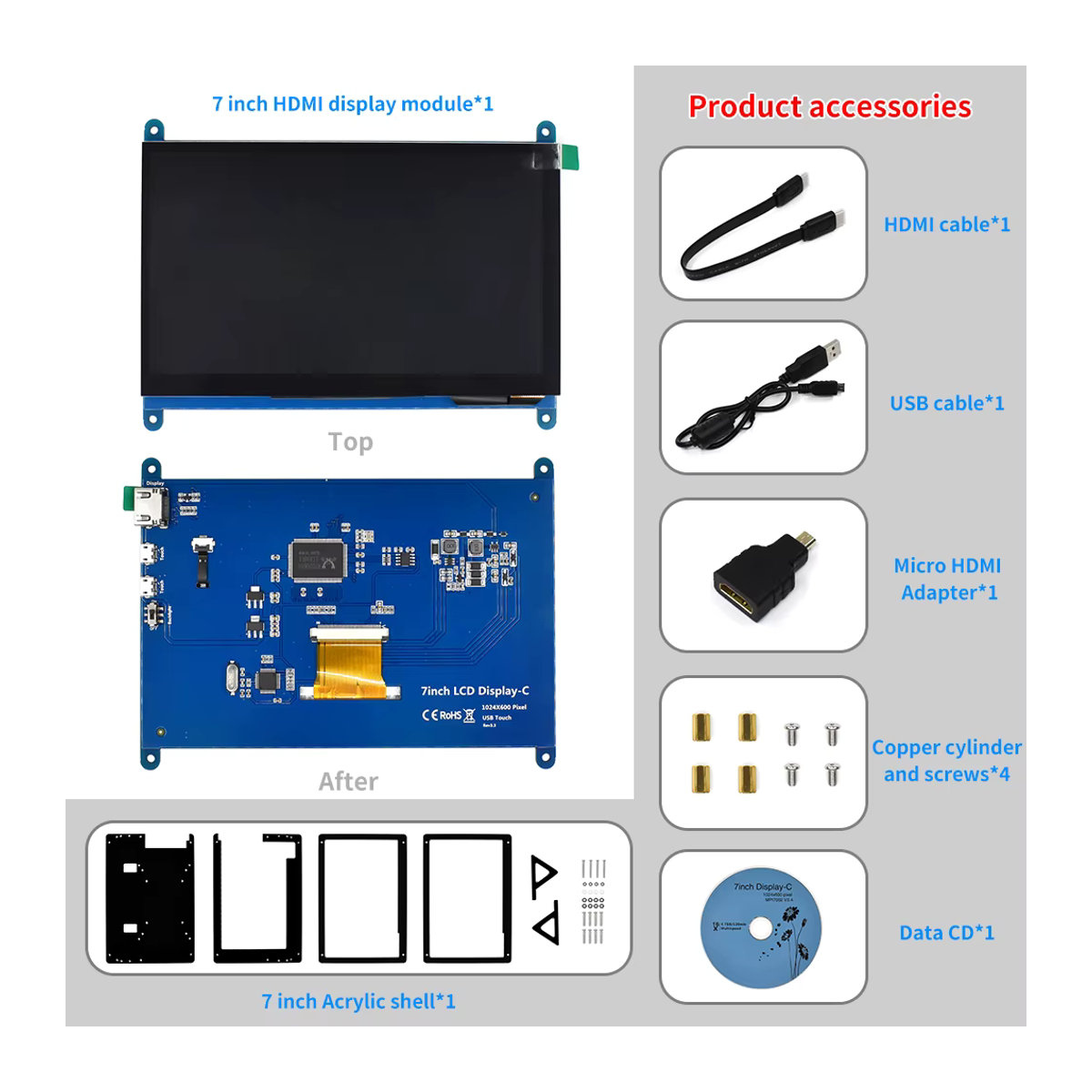 EQV 7 Zoll TFT LCD Modul mit kapazitivem Touchscreen, IPS Display, 1024 x 600 Pixel, Schwarz, für Raspberry Pi 3 B/4B - Bild 6