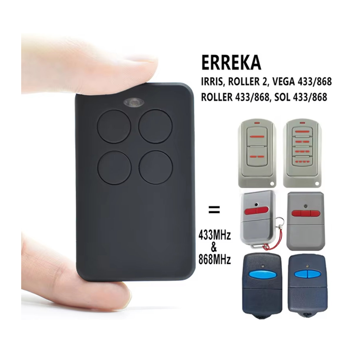 ERREKA Fernbedienung für Garage und Tor mit 433,92 MHz und 868 MHz für IRIS LUNA2 LUNA3 RESON1 RESON2 VEGA ROLLER Befehl Öffner in Blau oder Schwarz - Bild 1