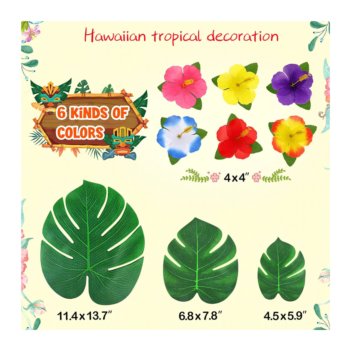 EsenTroye Künstliche Tropische Pflanzen Deko Set mit Palmblättern und Hibiskusblüten in Mehrfarbig für Hawaiian Luau Safari und Geburtstagstischdekoration - Bild 1
