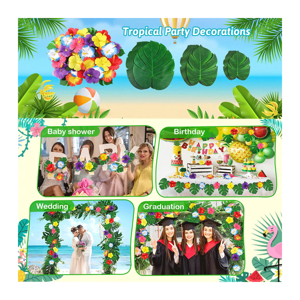 EsenTroye Künstliche Tropische Pflanzen Deko Set mit Palmblättern und Hibiskusblüten in Mehrfarbig für Hawaiian Luau Safari und Geburtstagstischdekoration - Bild 2