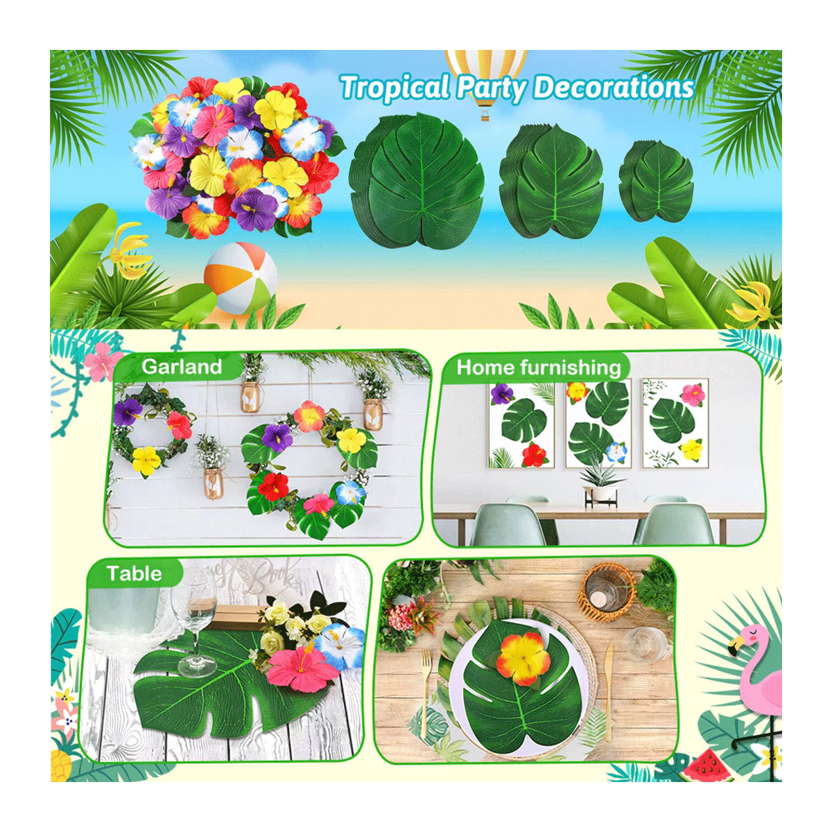 EsenTroye Künstliche Tropische Pflanzen Deko Set mit Palmblättern und Hibiskusblüten in Mehrfarbig für Hawaiian Luau Safari und Geburtstagstischdekoration - Bild 3