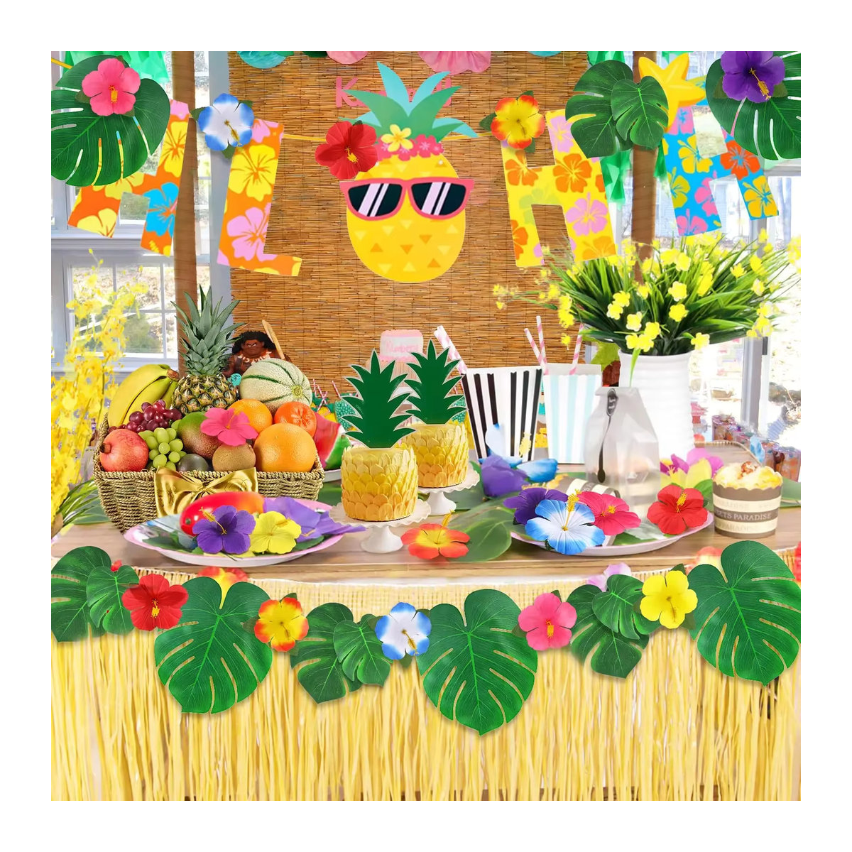 EsenTroye Künstliche Tropische Pflanzen Deko Set mit Palmblättern und Hibiskusblüten in Mehrfarbig für Hawaiian Luau Safari und Geburtstagstischdekoration - Bild 4