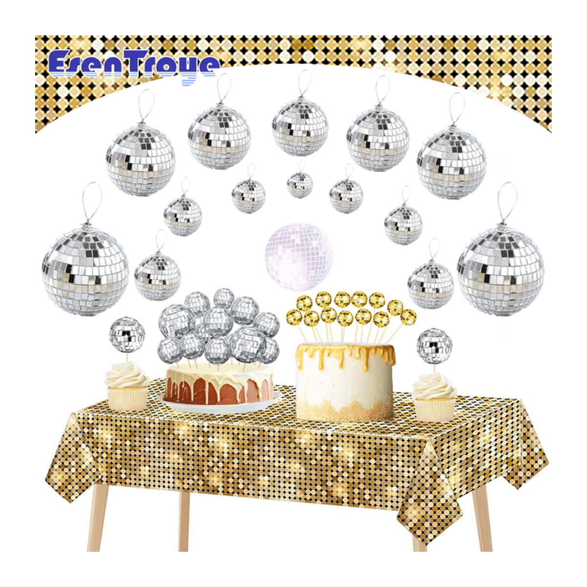 EsenTroye Silberne Disco Kugel als hängende Dekoration und Kuchen Topper für Geburtstag und Hochzeit - Bild 1