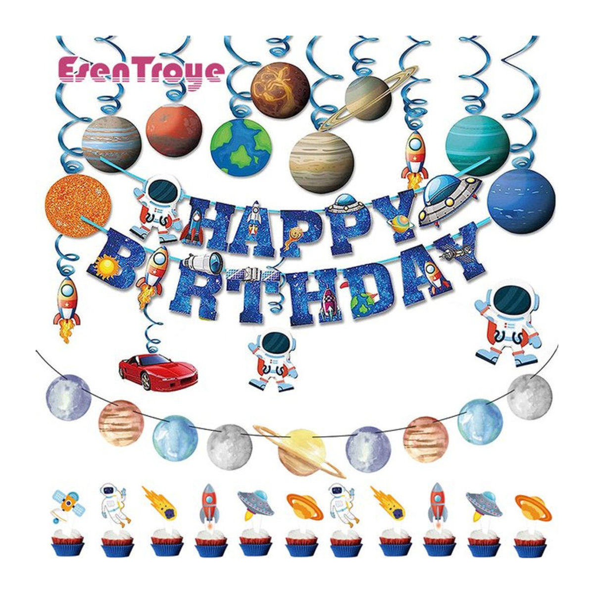 EsenTroye Weltraum Geburtstag Dekoration Set mit Astronauten und Planeten, mehrfarbige Papier Girlande als hängende Dekoration für Kinder - Bild 1