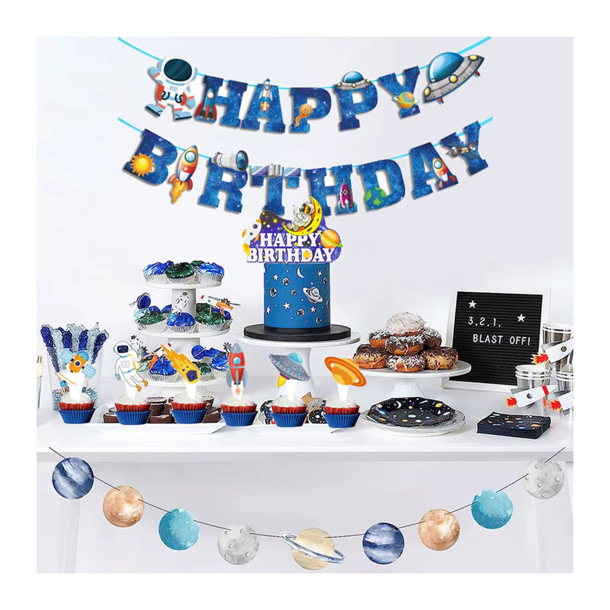 EsenTroye Weltraum Geburtstag Dekoration Set mit Astronauten und Planeten, mehrfarbige Papier Girlande als hängende Dekoration für Kinder - Bild 2