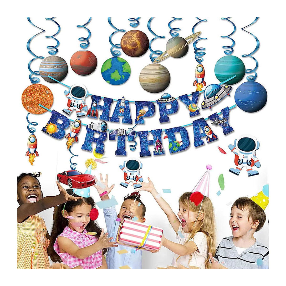 EsenTroye Weltraum Geburtstag Dekoration Set mit Astronauten und Planeten, mehrfarbige Papier Girlande als hängende Dekoration für Kinder - Bild 3