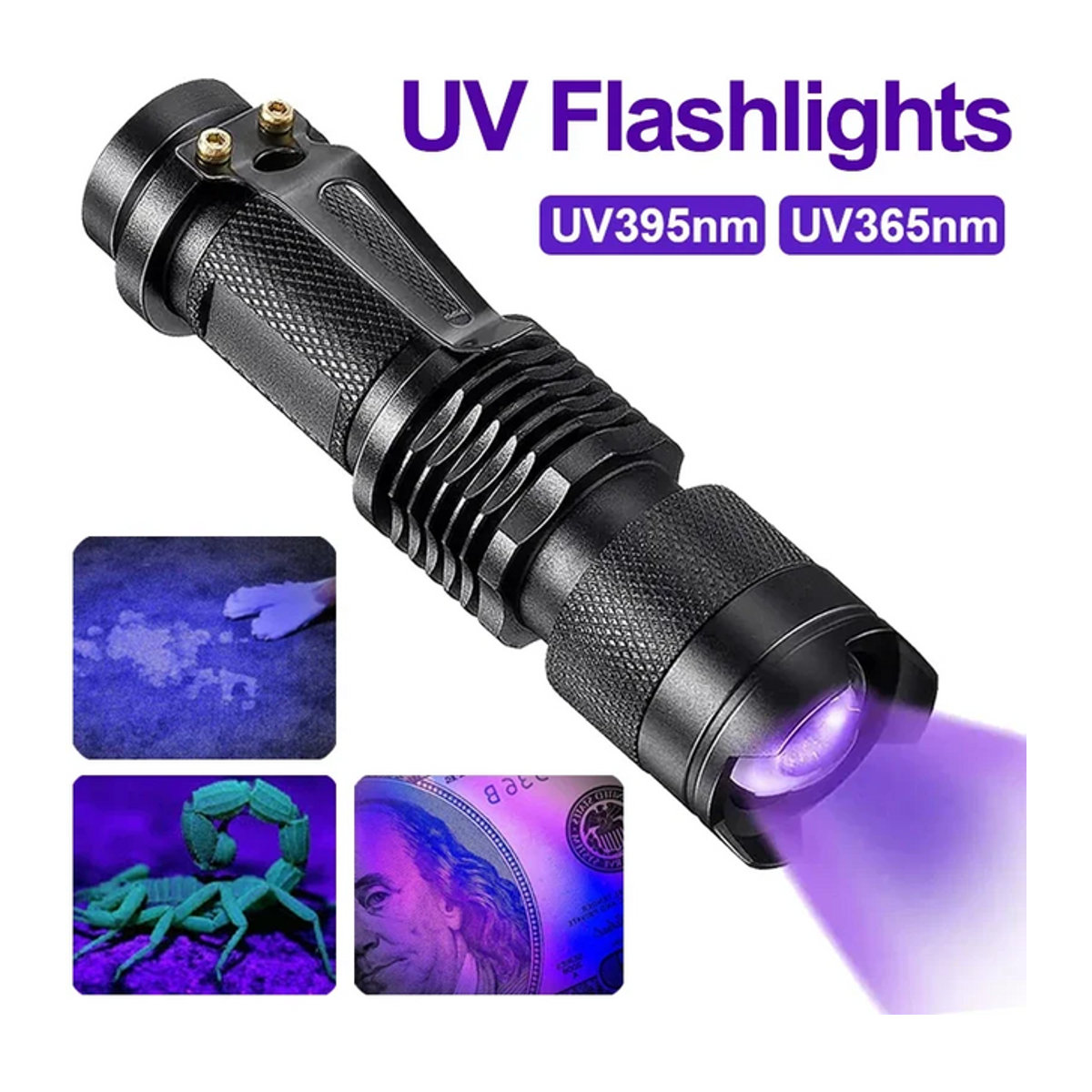 ESMARTER LED-UV-Taschenlampe mit 365/395 nm, zoombar und wasserdicht, violettes Licht zur Detektion von Haustier-Urin und Skorpionen - Bild 1