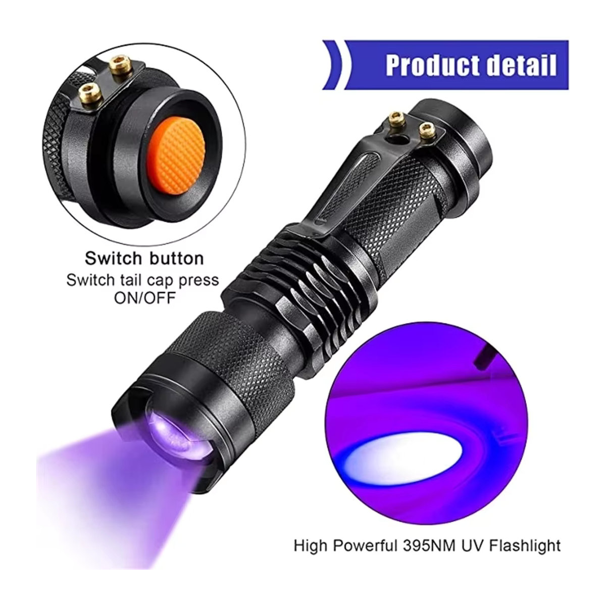 ESMARTER LED-UV-Taschenlampe mit 365/395 nm, zoombar und wasserdicht, violettes Licht zur Detektion von Haustier-Urin und Skorpionen - Bild 2