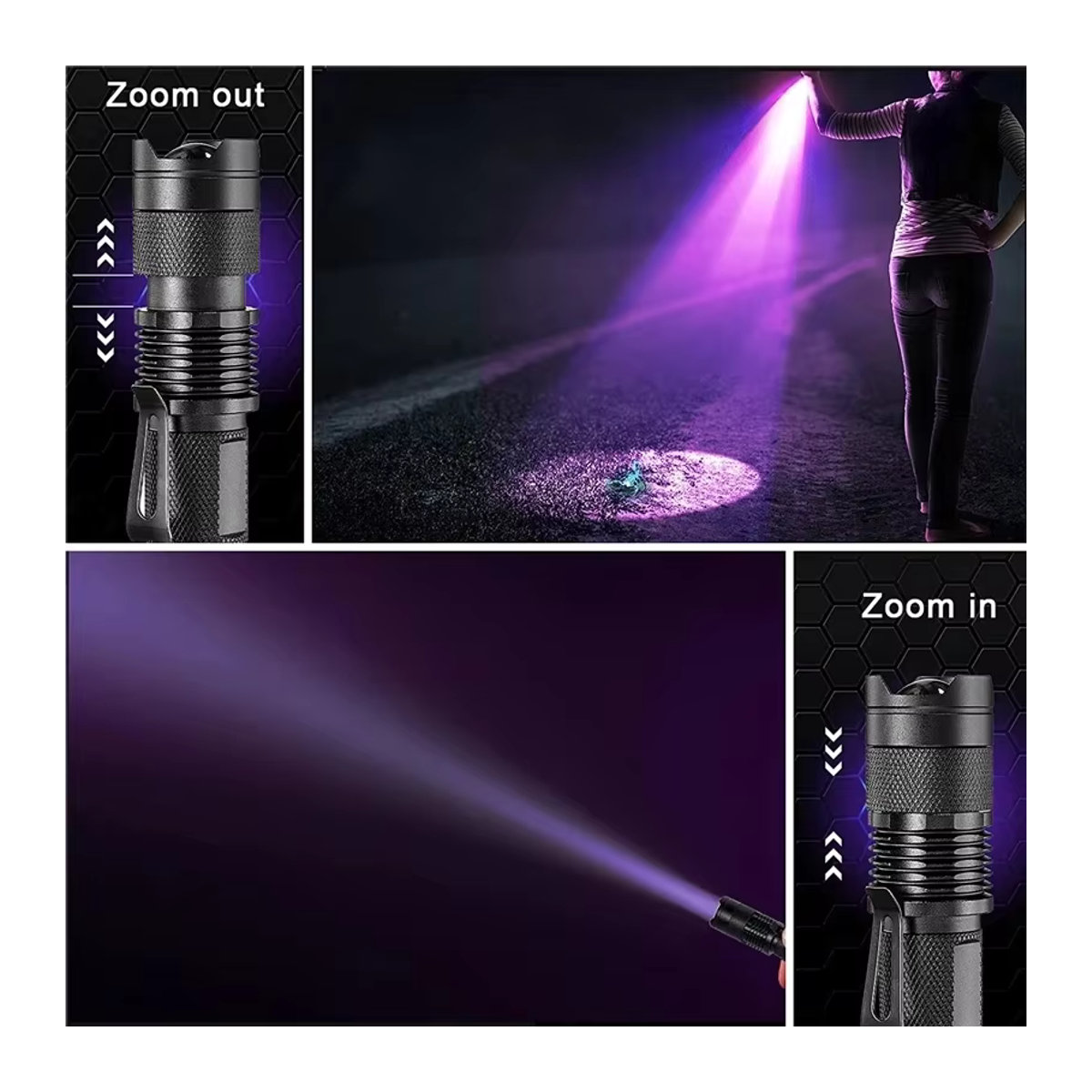 ESMARTER LED-UV-Taschenlampe mit 365/395 nm, zoombar und wasserdicht, violettes Licht zur Detektion von Haustier-Urin und Skorpionen - Bild 4