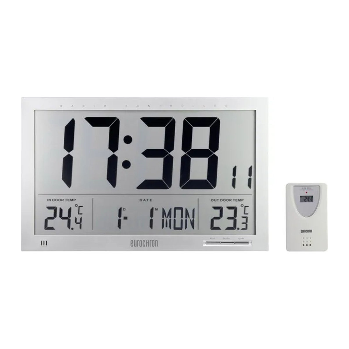 Eurochron EFWU Jumbo 102 Funk Wanduhr mit Thermometer und Datumsanzeige, Silber, B/H/T: 37 x 23 x 3 cm - Bild 1