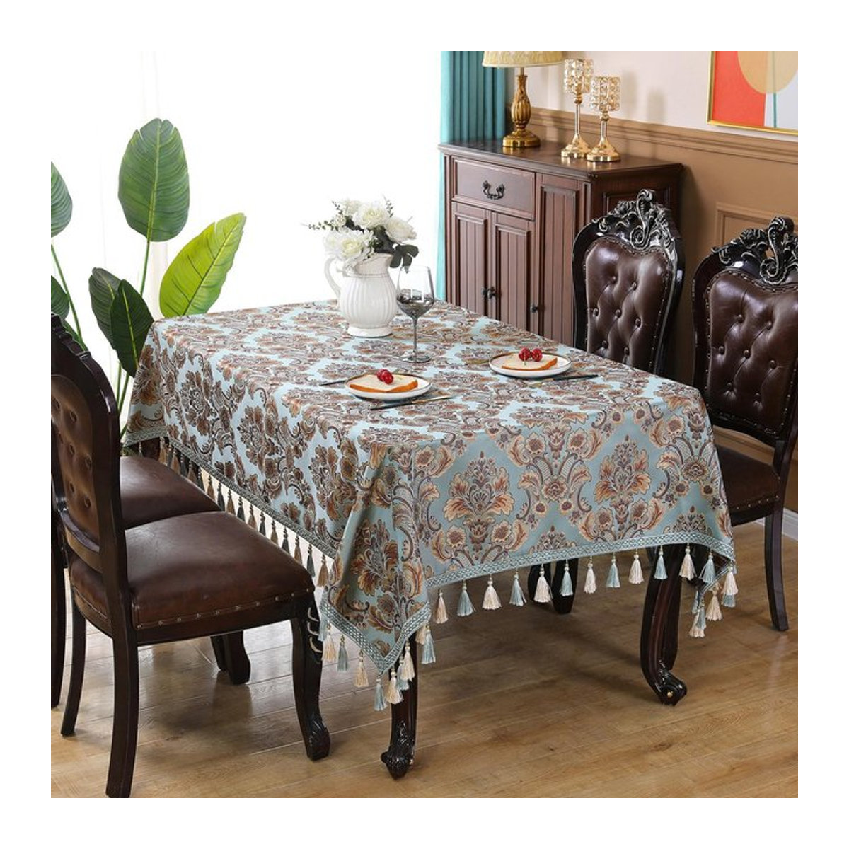 Europäische Palast-Tischdecke aus gesticktem Jacquard-Satin mit Quasten im Retro-Stil, B/B/H: 60 x 60 cm - Bild 1