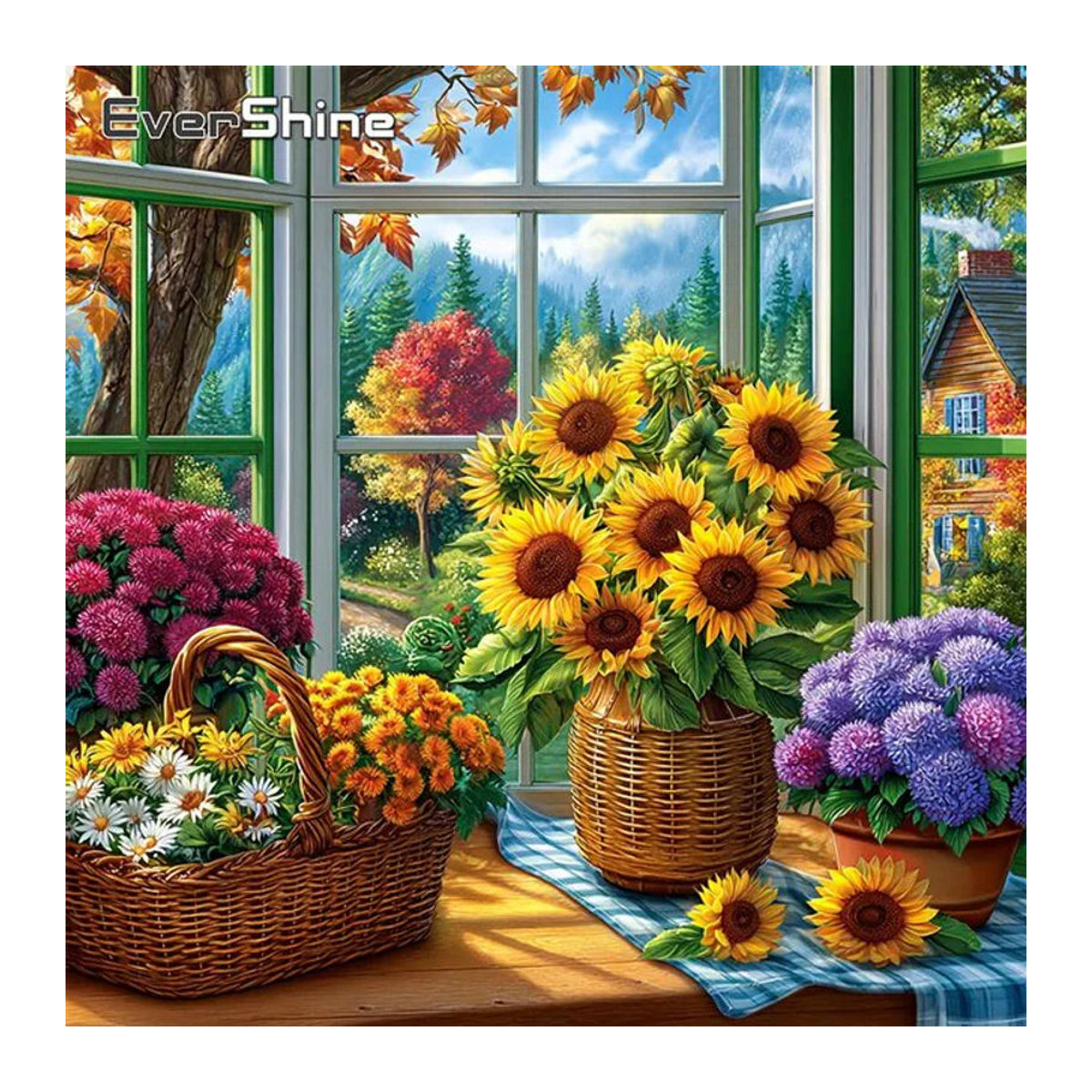 Evershine Diamant-Gemälde Blumenhaus mit Sonnenblumen und Gänseblümchen, mehrfarbiges Strass-Mosaik in quadratischer Form zur Dekoration - Bild 1