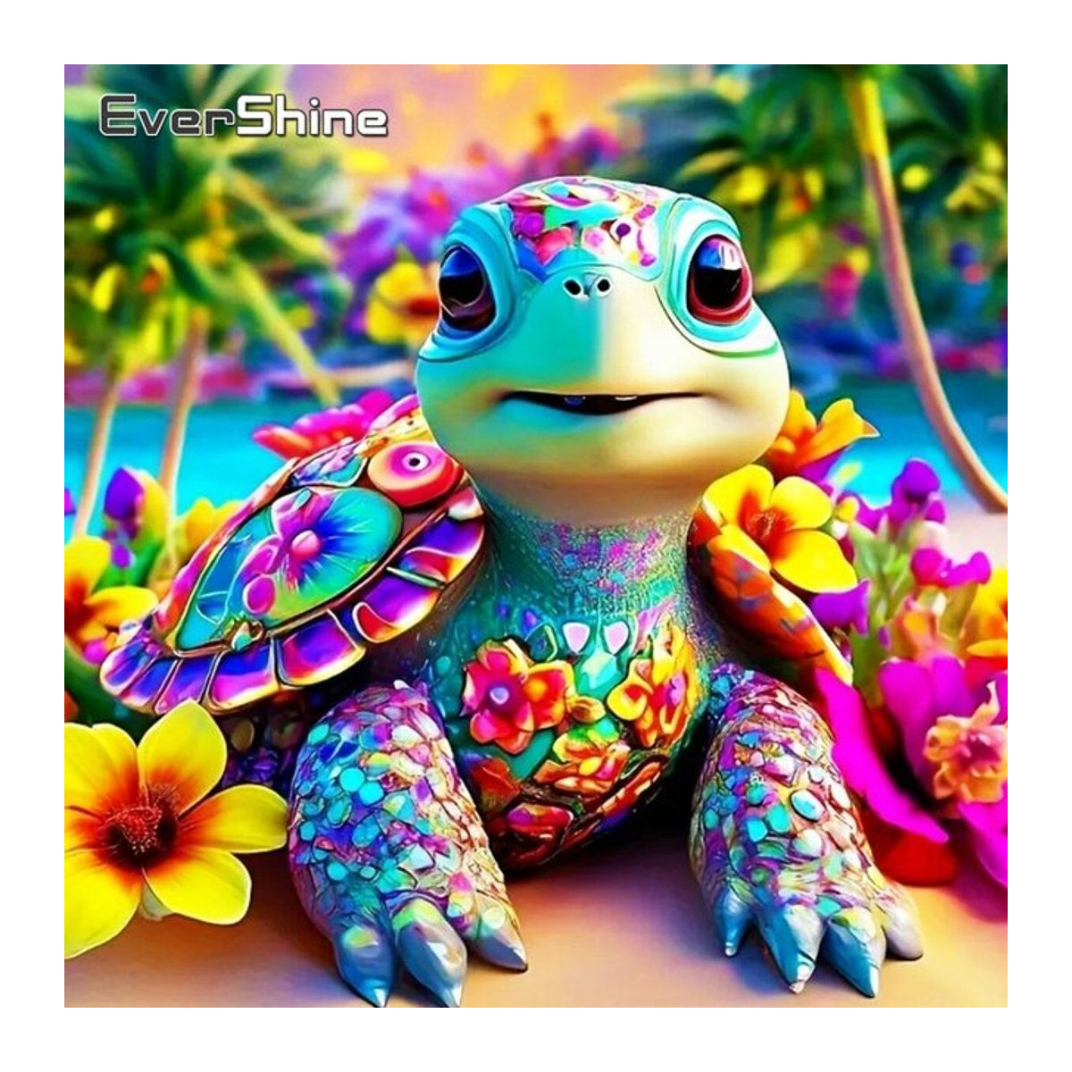 Evershine Diamant-Gemälde Schildkröte mit Cartoon-Blume als mehrfarbiges Tierbild aus Strasssteinen und Holzrahmen - Bild 1