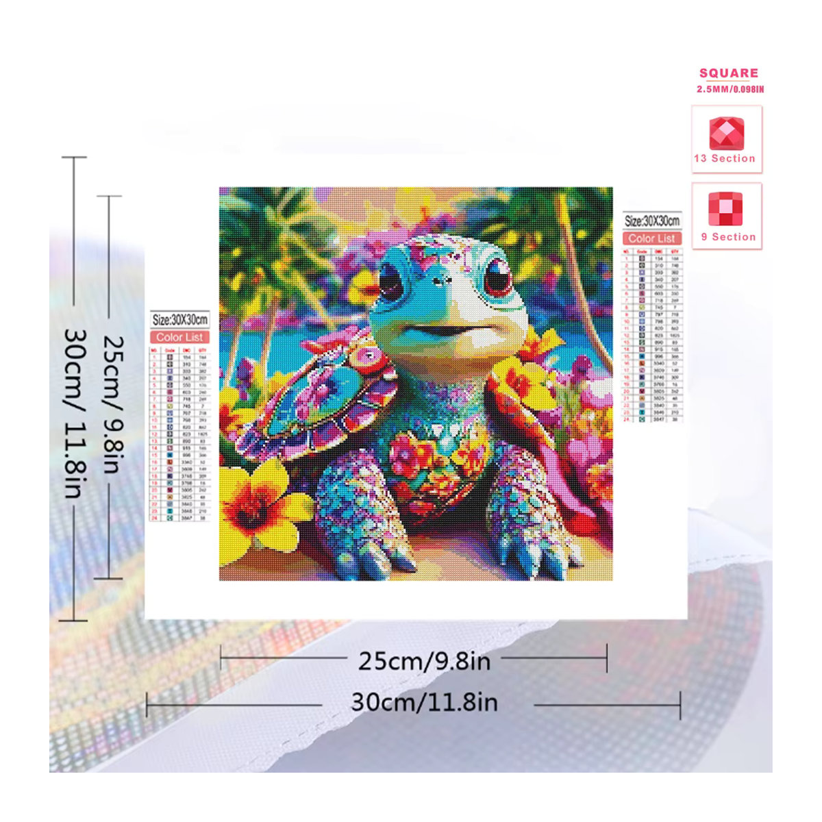 Evershine Diamant-Gemälde Schildkröte mit Cartoon-Blume als mehrfarbiges Tierbild aus Strasssteinen und Holzrahmen - Bild 2