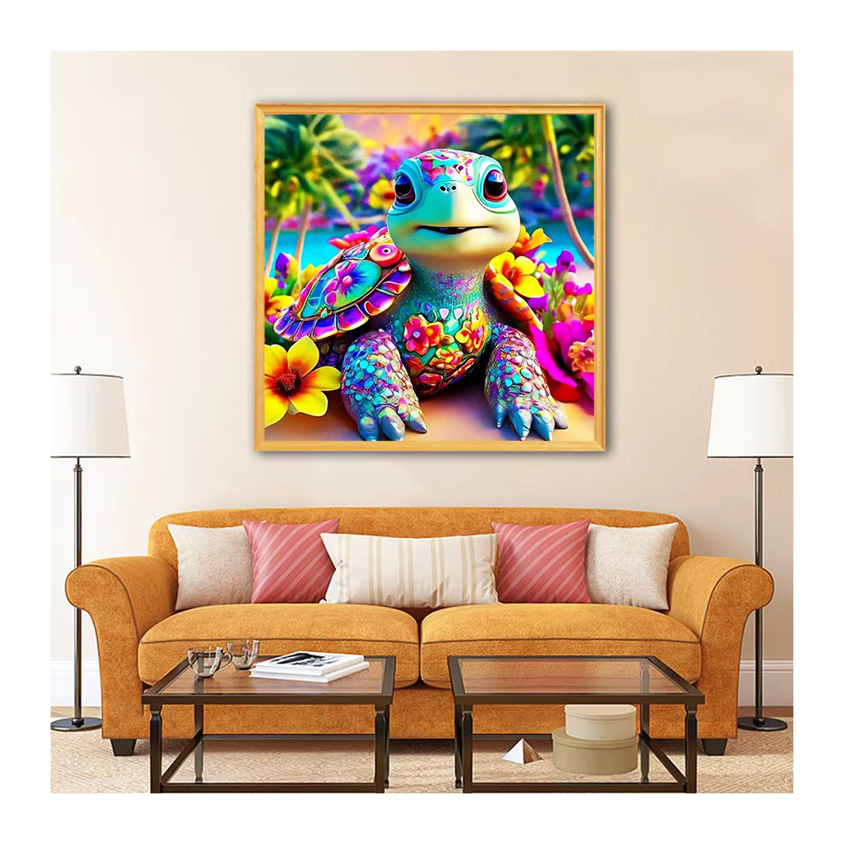 Evershine Diamant-Gemälde Schildkröte mit Cartoon-Blume als mehrfarbiges Tierbild aus Strasssteinen und Holzrahmen - Bild 3