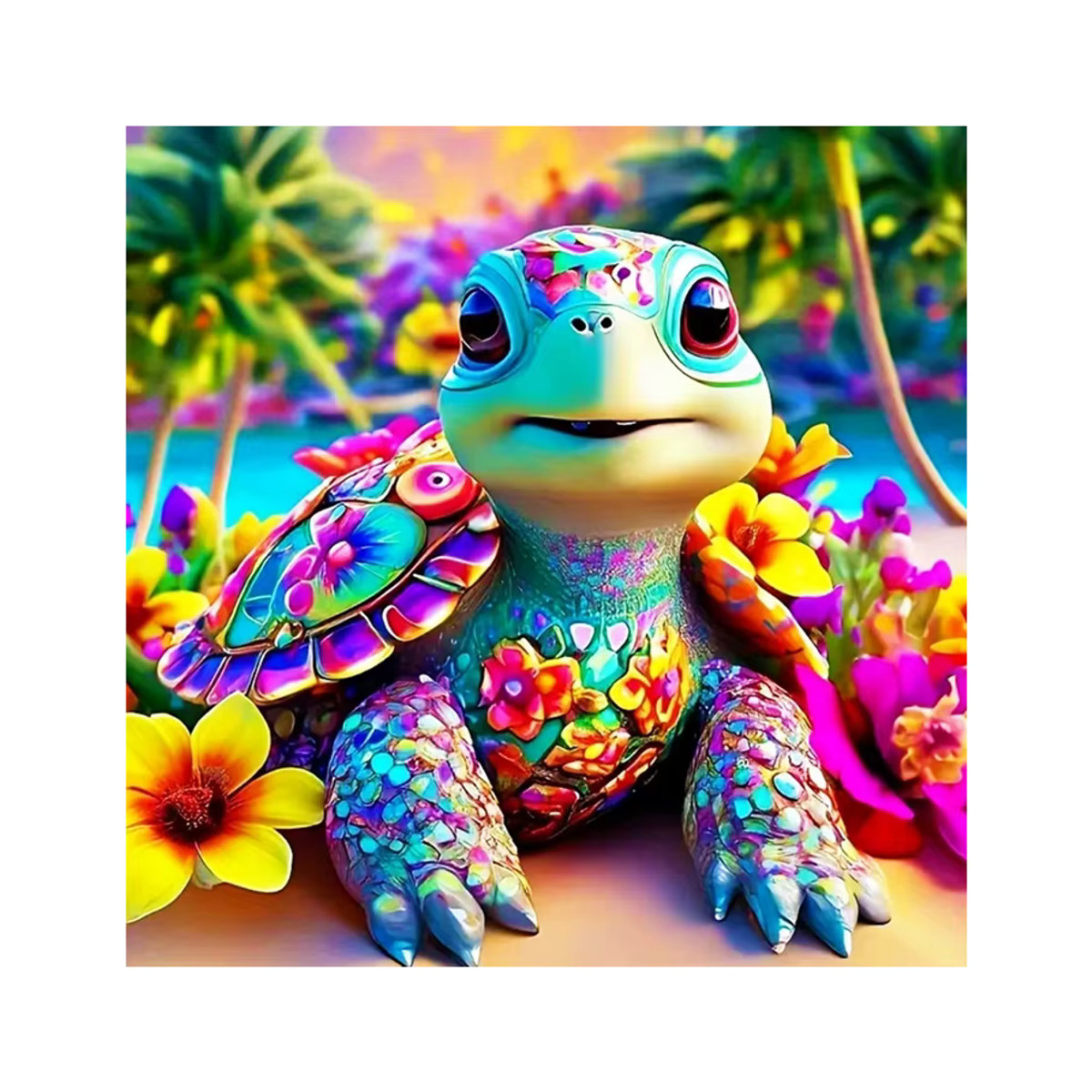 Evershine Diamant-Gemälde Schildkröte mit Cartoon-Blume als mehrfarbiges Tierbild aus Strasssteinen und Holzrahmen - Bild 4