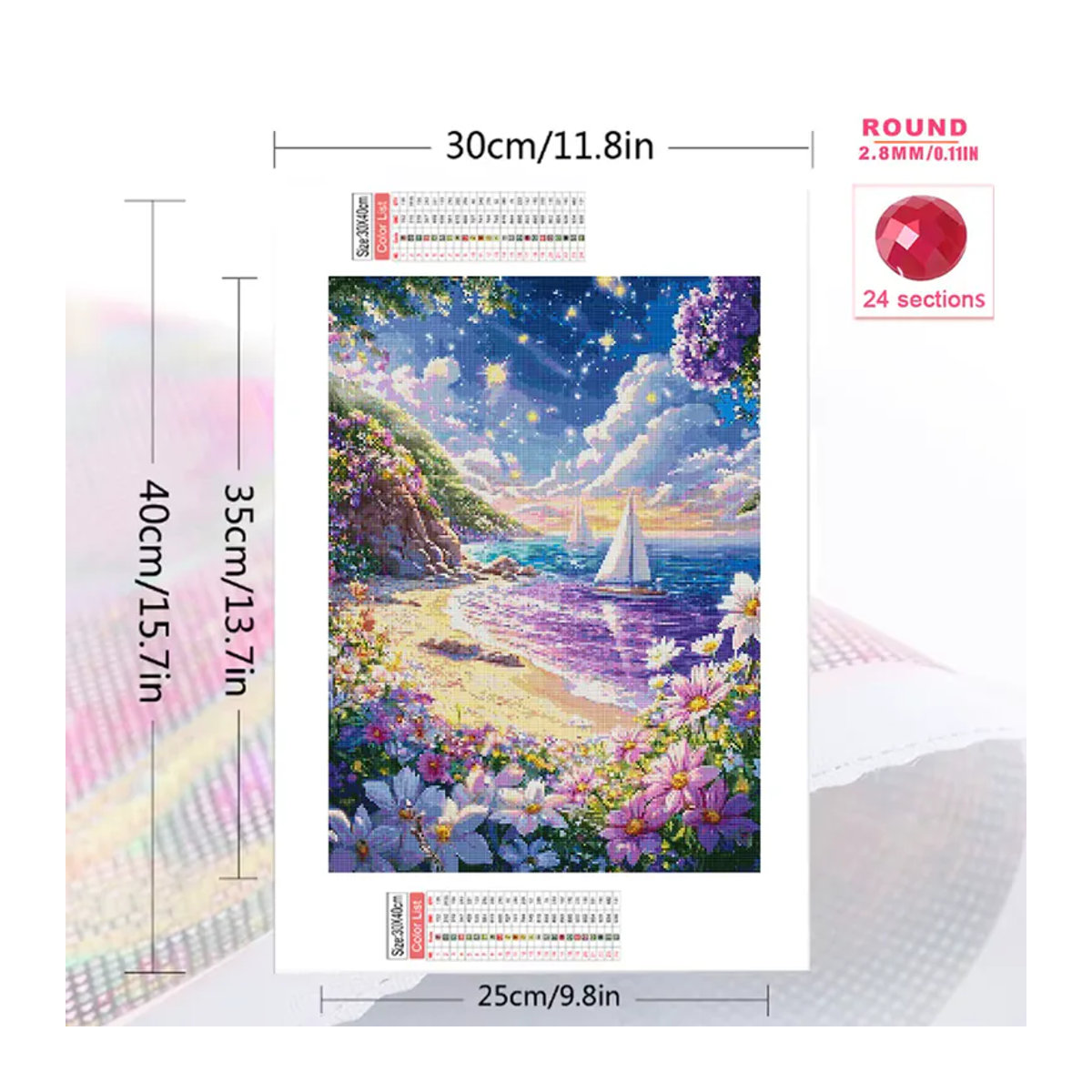 Evershine Diamant-Mosaik Meereslandschaft mit Boot und Blumen als DIY Strass-Stickerei in Mehrfarbig, Rund, Wandmontiert - Bild 2