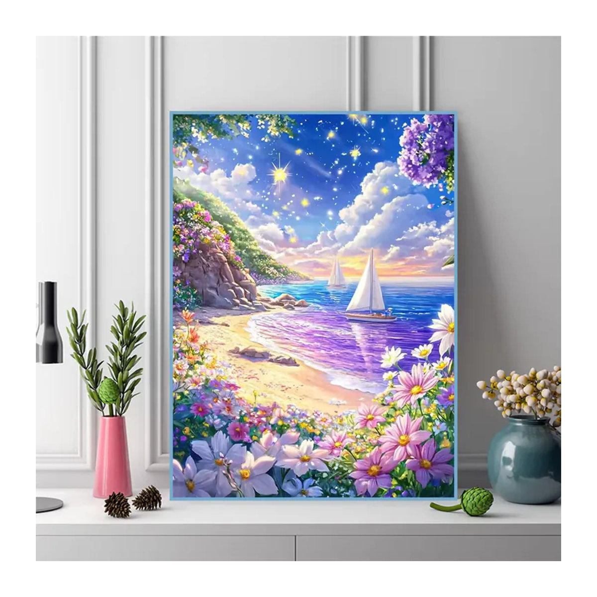 Evershine Diamant-Mosaik Meereslandschaft mit Boot und Blumen als DIY Strass-Stickerei in Mehrfarbig, Rund, Wandmontiert - Bild 3
