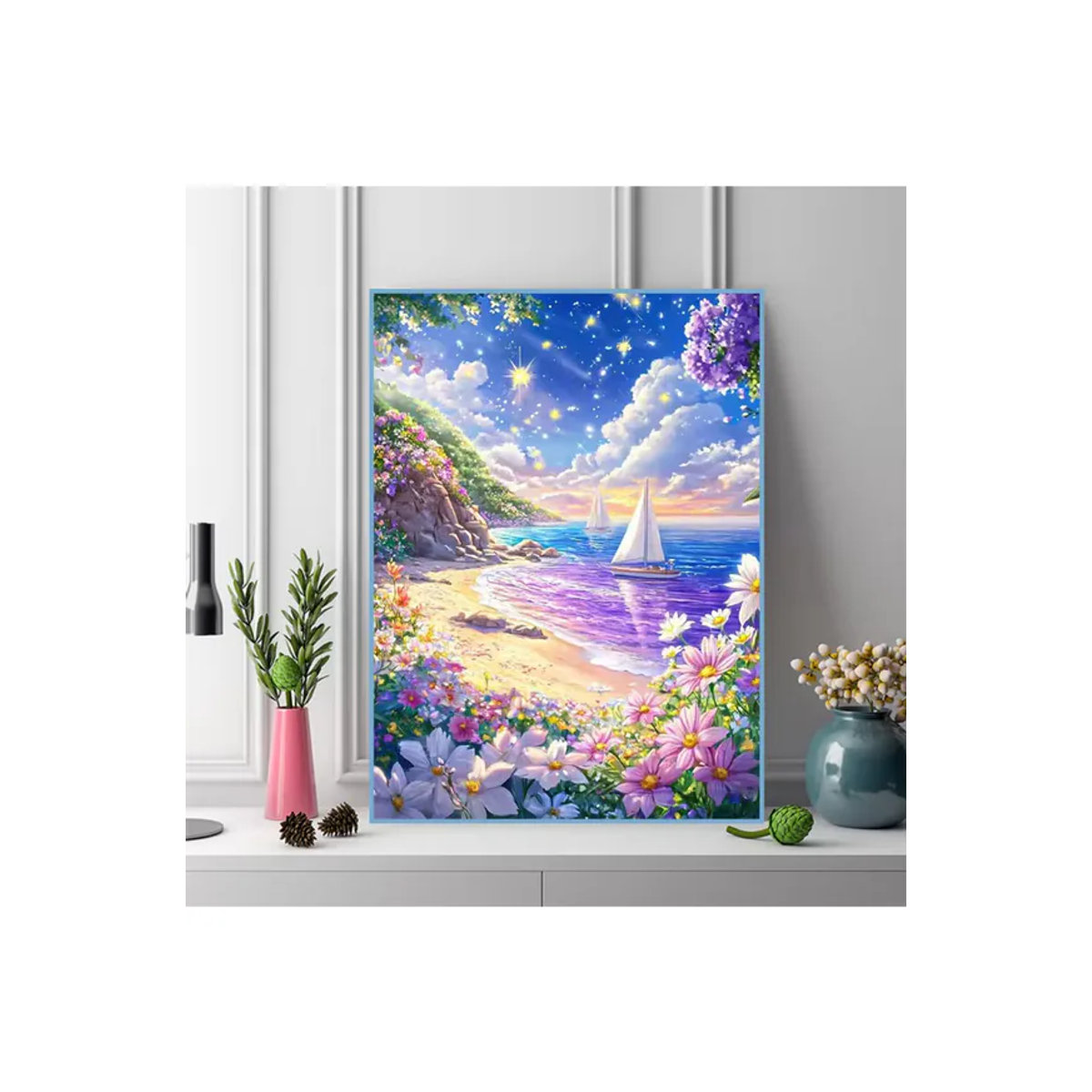 Evershine Diamant-Mosaik Meereslandschaft mit Boot und Blumen als DIY Strass-Stickerei in Mehrfarbig, Rund, Wandmontiert - Bild 4