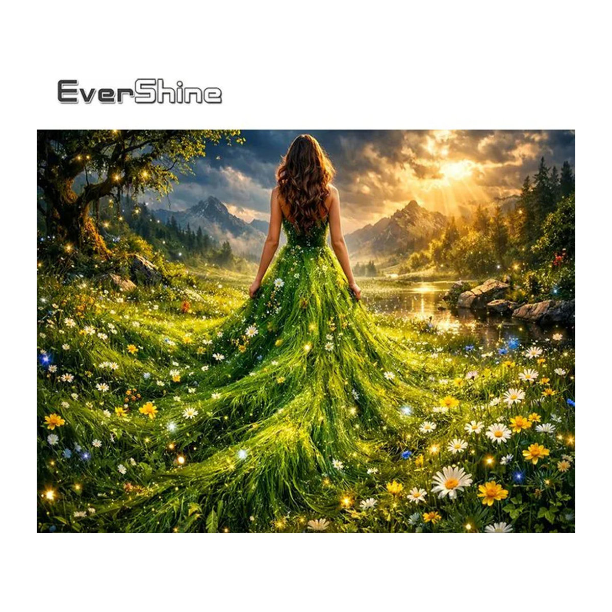 EverShine Diamant-Mosaik-Porträt Mädchen mit Gänseblümchen und Bergmotiv, mehrfarbiges Strass-Stickerei-Bild zur Wandmontage - Bild 1