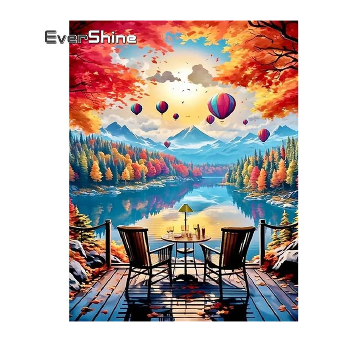 Evershine Diamant-Stickerei Heißluftballon-Gemälde mit See und Berglandschaft, rund, mehrfarbig - Bild 1