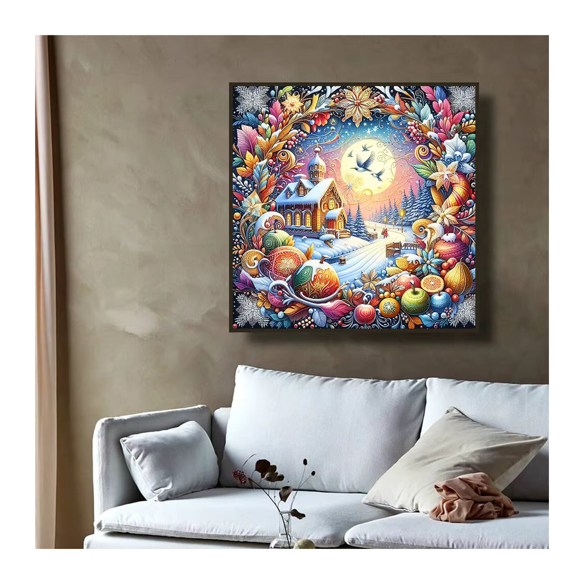 Evershine Diamant Stickerei Winter Landschaft mit Haus und Vogel, Mosaik Wandbild Multicolor, B/H: 20 x 20 cm - Bild 3