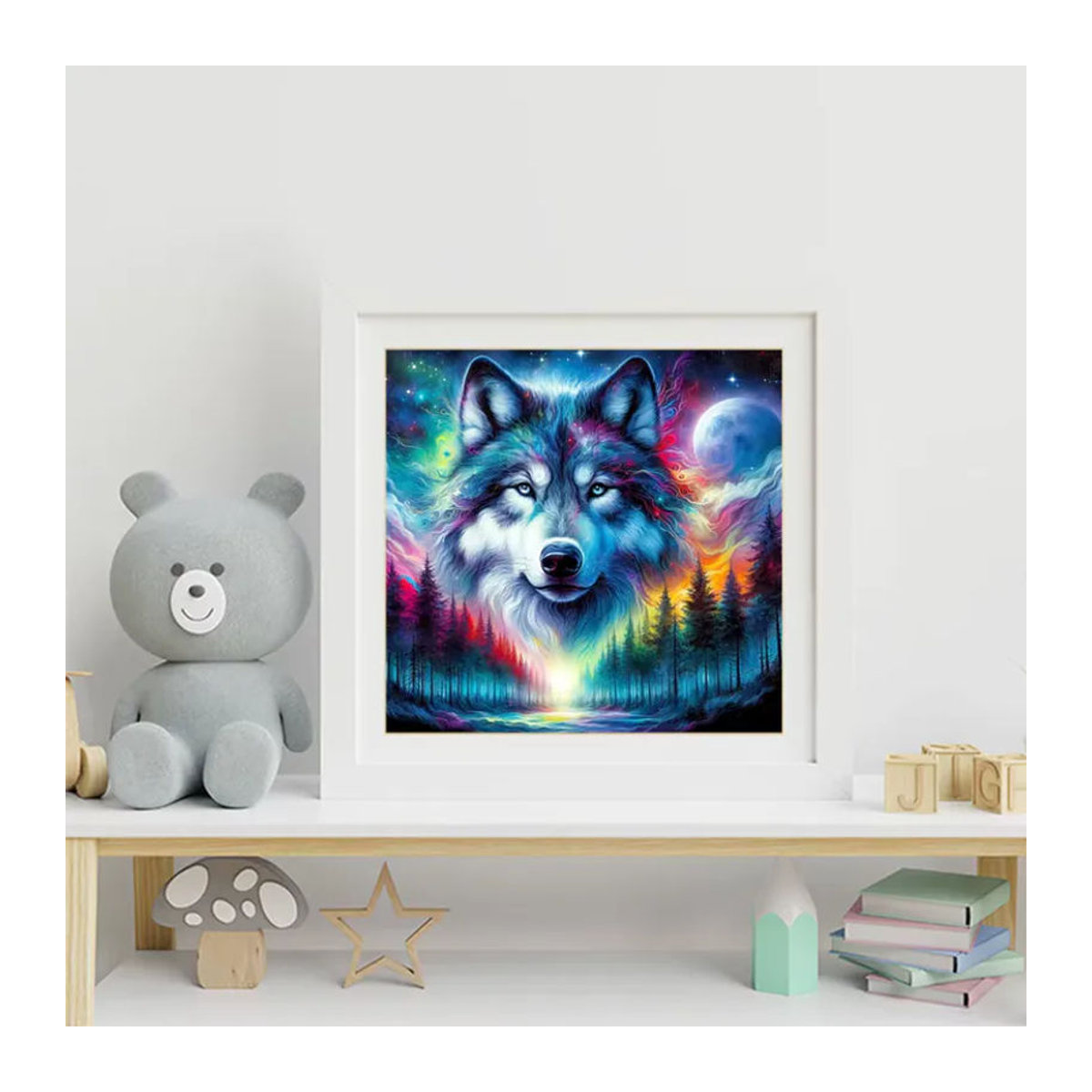 Evershine Diamant-Stickerei Wolf und Mond als Strass-Mosaik Kunsthandwerk in Mehrfarbig - Bild 3