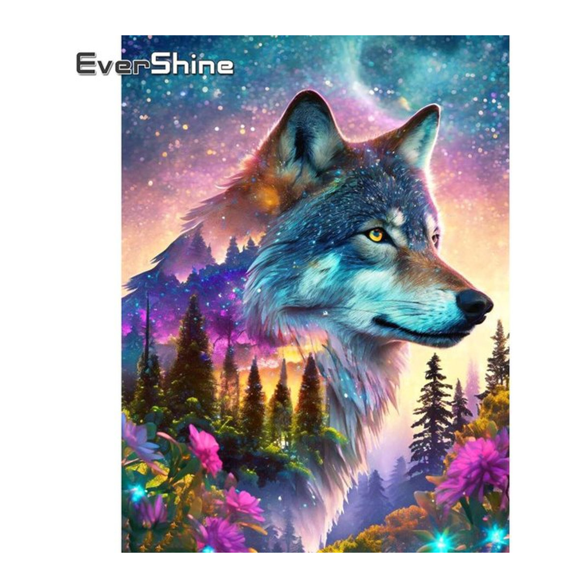 Evershine Diamantgemälde Wolf im Sternenhimmel als Mosaik-Diamantstickerei in Mehrfarbig, Hochformat - Bild 1