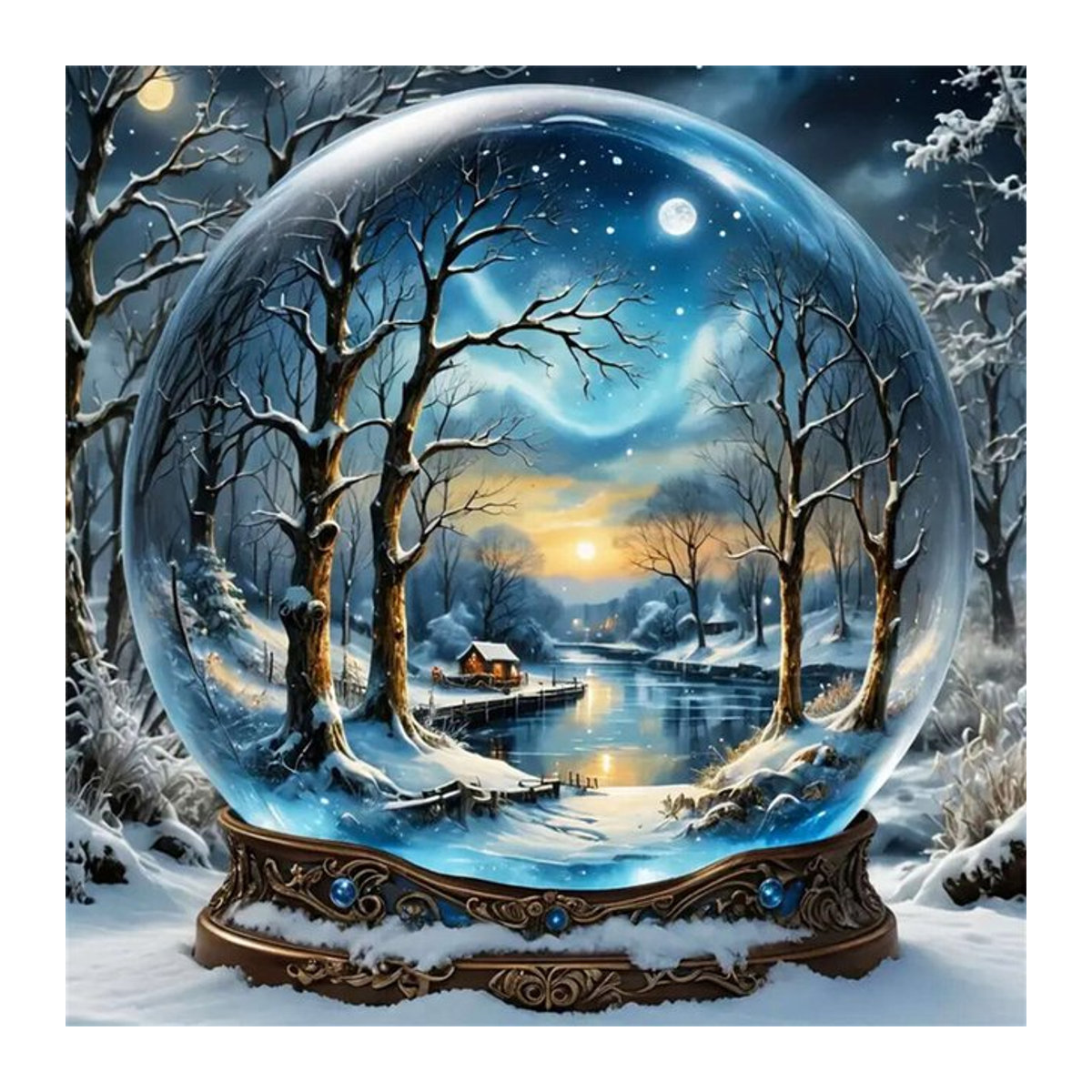 EverShine Diamantmalerei DIY Landschaft mit Schnee, See und Bäumen in Blau, rund und stehend - Bild 1
