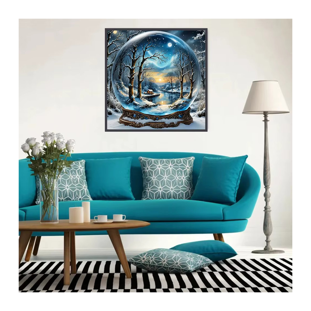 EverShine Diamantmalerei DIY Landschaft mit Schnee, See und Bäumen in Blau, rund und stehend - Bild 3