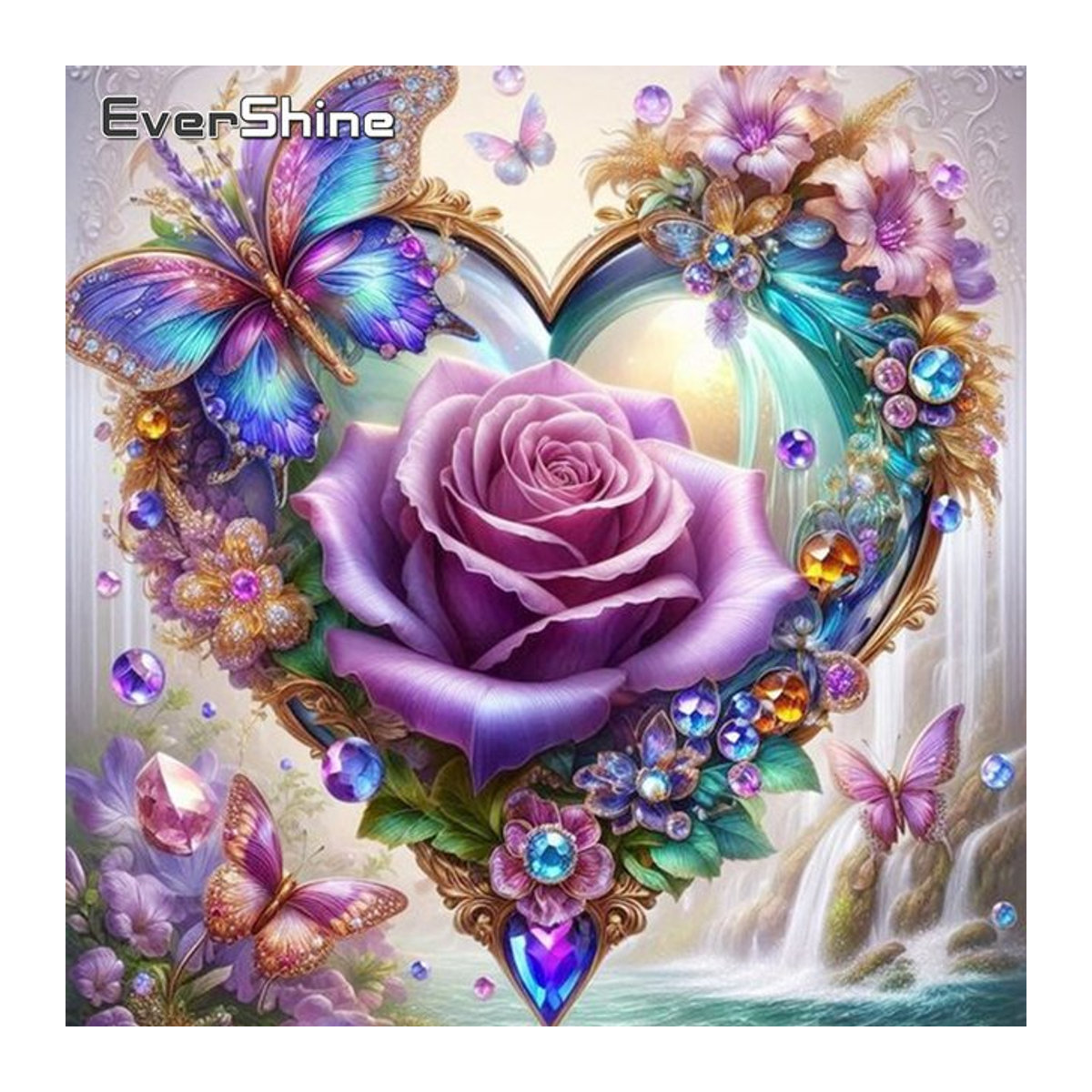 Evershine Diamantmalerei Rundes Mosaik mit Rosenblumen und Schmetterlingen in Mehrfarbig zur Wandmontage - Bild 1