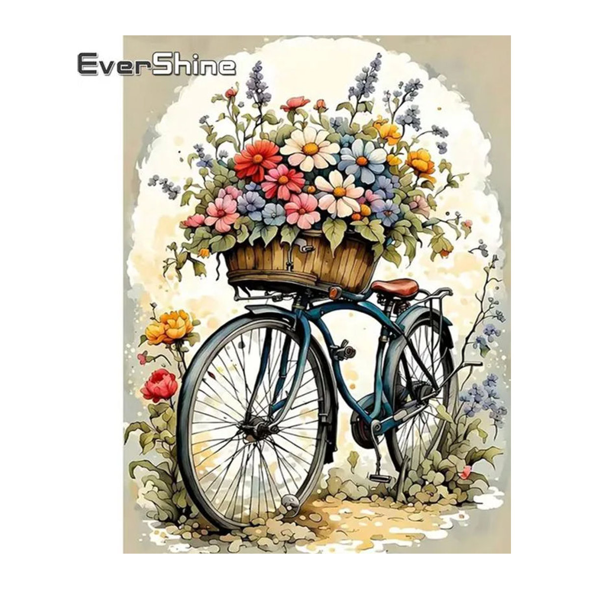 Evershine DIY Diamant-Stickerei Set Fahrrad mit Blumen Motiv in Vintage-Optik, mehrfarbig, Wanddekoration als Diamant-Mosaik Landschaftsgemälde - Bild 1