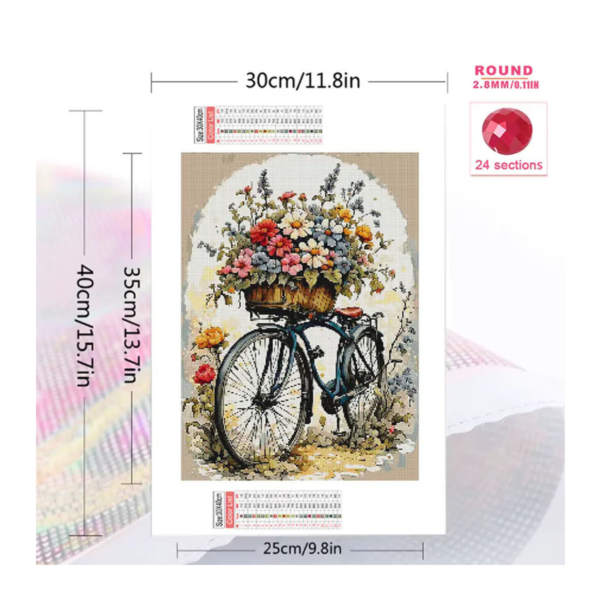 Evershine DIY Diamant-Stickerei Set Fahrrad mit Blumen Motiv in Vintage-Optik, mehrfarbig, Wanddekoration als Diamant-Mosaik Landschaftsgemälde - Bild 2