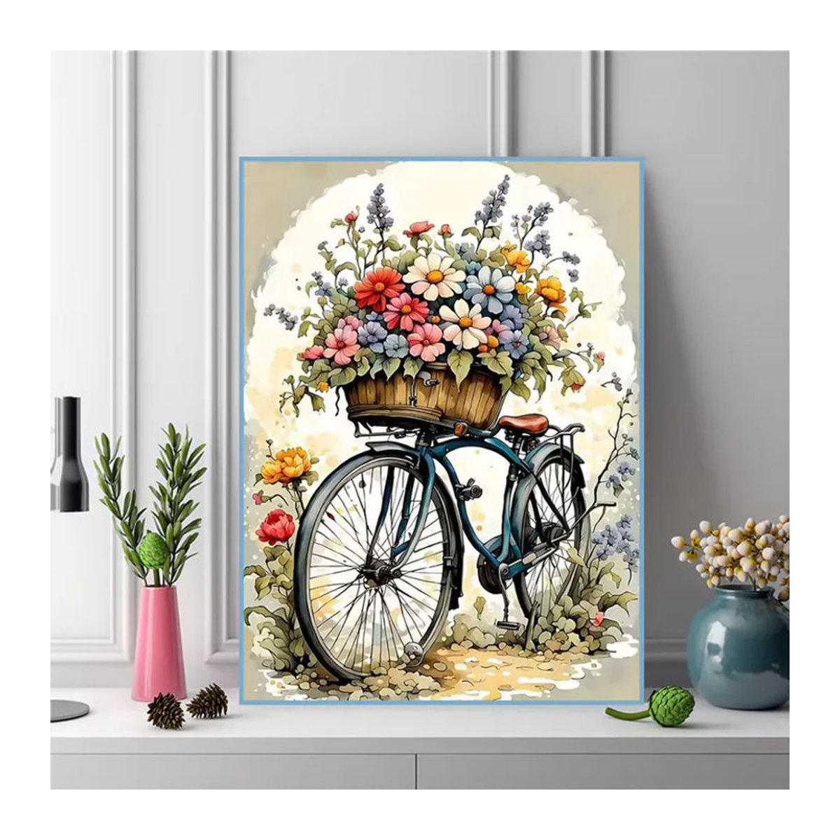Evershine DIY Diamant-Stickerei Set Fahrrad mit Blumen Motiv in Vintage-Optik, mehrfarbig, Wanddekoration als Diamant-Mosaik Landschaftsgemälde - Bild 3