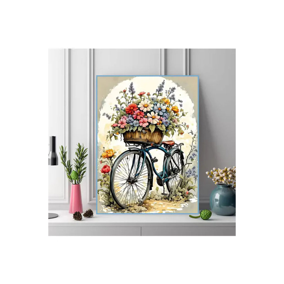Evershine DIY Diamant-Stickerei Set Fahrrad mit Blumen Motiv in Vintage-Optik, mehrfarbig, Wanddekoration als Diamant-Mosaik Landschaftsgemälde - Bild 4