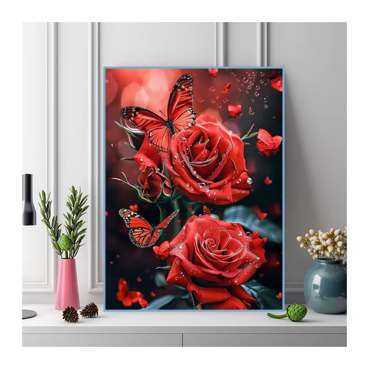 Evershine DIY Diamant Stickerei Set mit Rose und Schmetterling in Rot, Rundes Mosaik Malerei Set - Bild 3