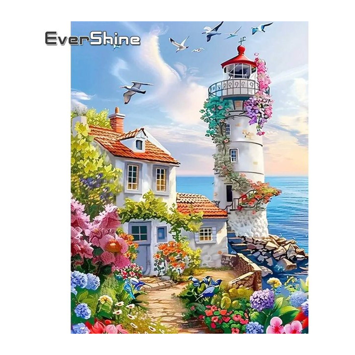 Evershine DIY Diamantmalerei Leuchtturm und Meer Landschaft als rundes Mosaik Wandbild in Mehrfarbig - Bild 1