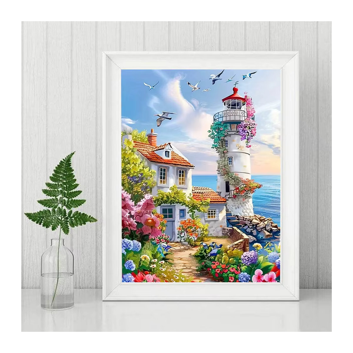 Evershine DIY Diamantmalerei Leuchtturm und Meer Landschaft als rundes Mosaik Wandbild in Mehrfarbig - Bild 3