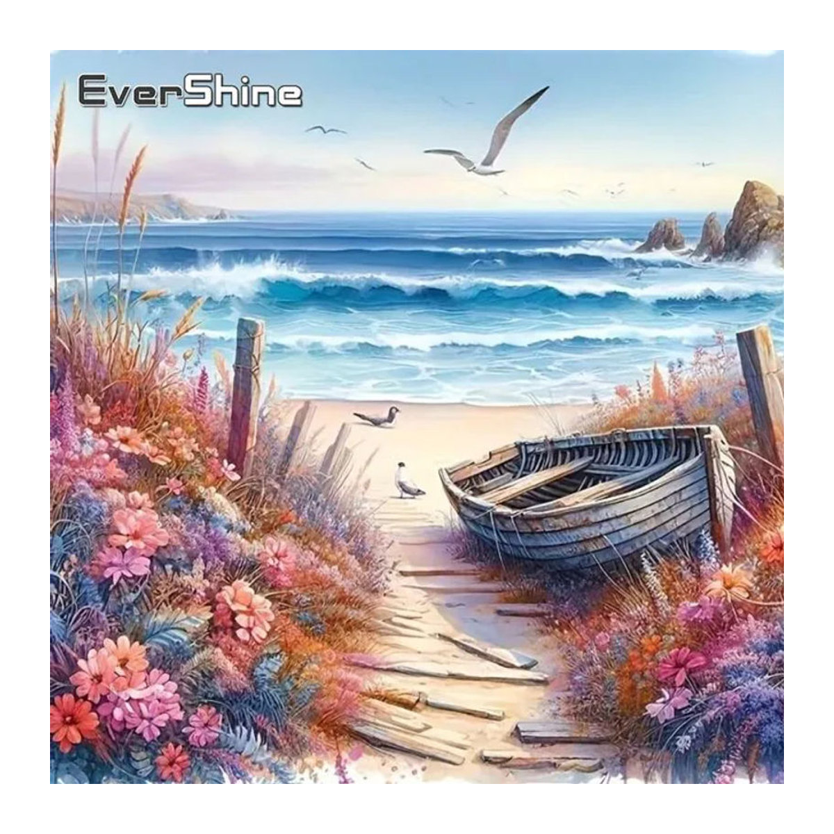 EverShine Seaside Diamond Embroidery Wanddekoration mit maritimem Schiff und Blumen, mehrfarbiges rundes Diamant-Mosaik DIY-Kreuzstich-Set - Bild 1